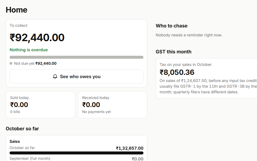 The Parchi home screen showing the amount to collect, today's sales and this month's GST