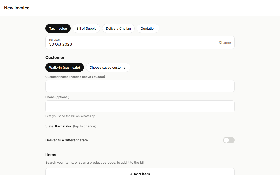 Creating a new invoice in the browser
