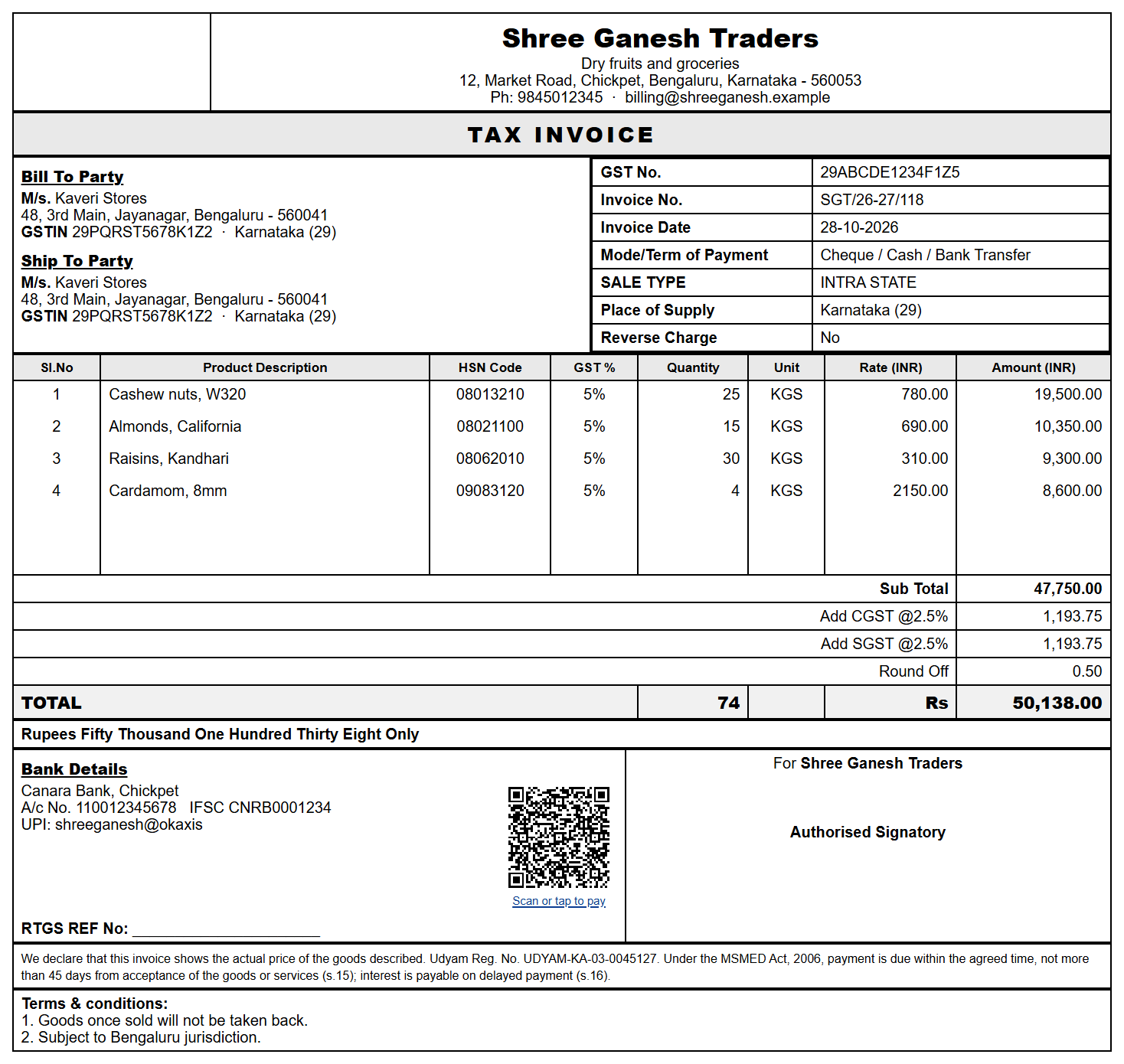 A tax invoice with a UPI QR code, the Udyam number and the 45-day payment line